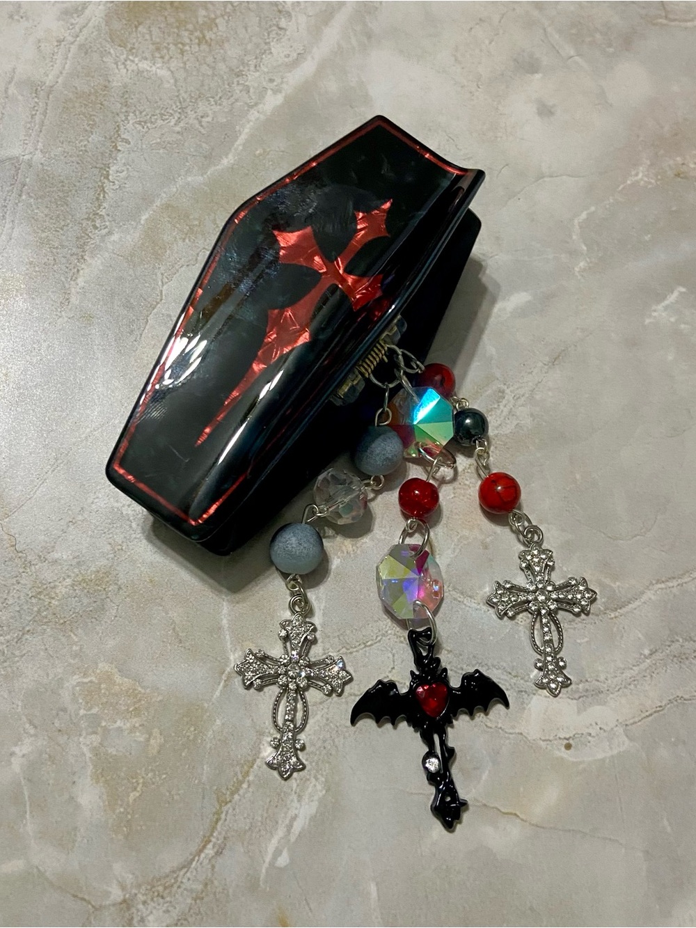 Gothic Coffin Hair Clip with Cross & Bat Charms - Black & Red
